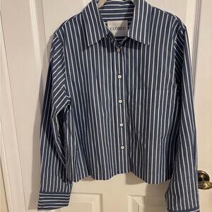 Closed Blue and White Striped Cropped Shirt